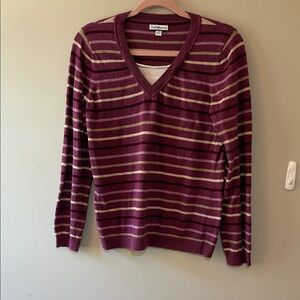 Croft & Barrow Women's V-Neck Sweater - Burgundy and Olive Stripes